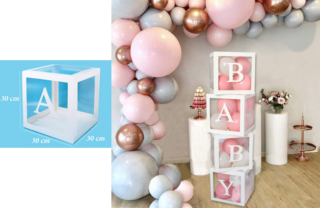 Lot de 4 cubes creux BABY pour insérer des ballons de la couleur de votre choix.
Ideal pour baby shower ou baptême.
Dimension d un cube 0.30cm X 0.30cm X 0.30cm.
ATTENTION BALLON NON FOURNI